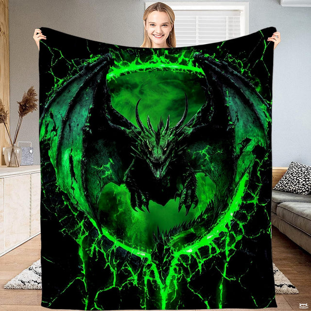 Epic fantasy illustration of a ferocious winged dragon bursting through a glowing green fire portal.
