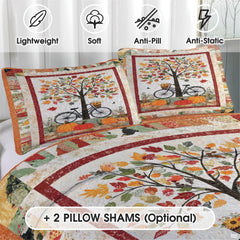 Close-up detail of painterly maple foliage and golden amber forest artwork on autumn bedding