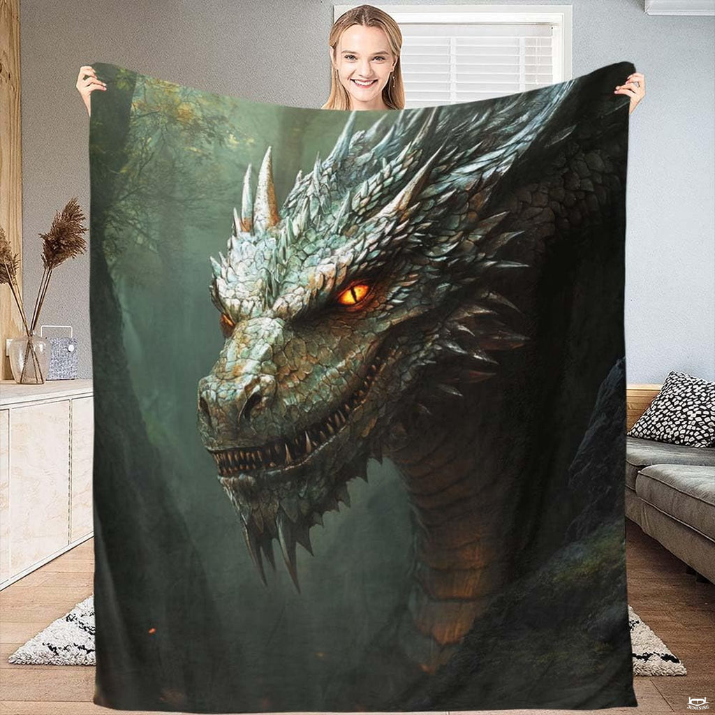 Cinematic fantasy painting of epic horned dragon with glowing amber eyes in dark forest, view 1.