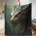 Cinematic fantasy painting of epic horned dragon with glowing amber eyes in dark forest, view 1.