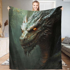 Cinematic fantasy painting of epic horned dragon with glowing amber eyes in dark forest, view 1.