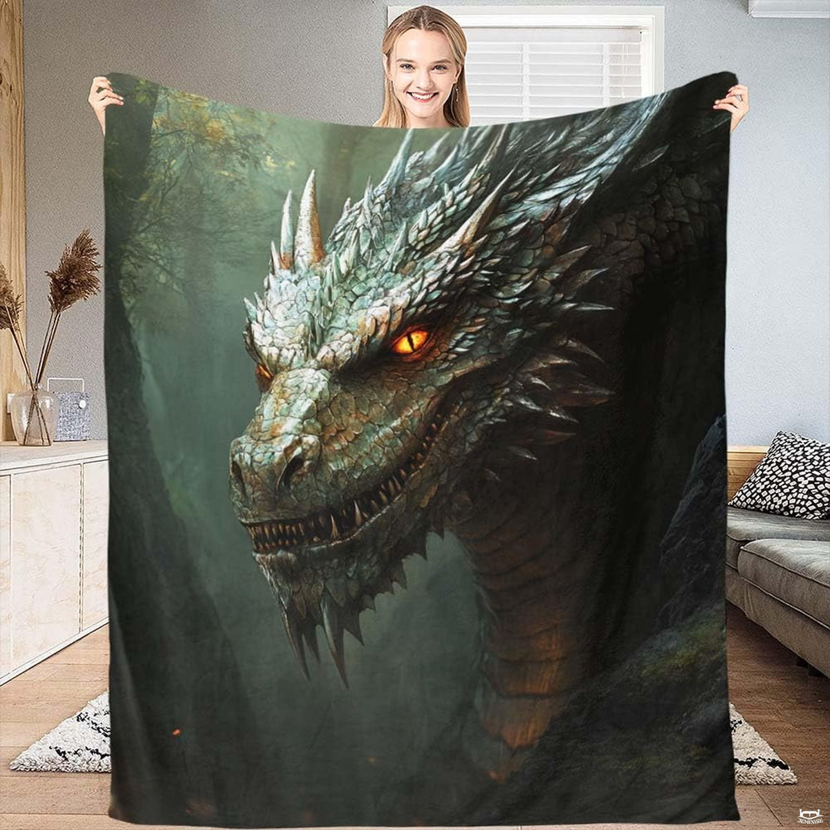 Cinematic fantasy painting of epic horned dragon with glowing amber eyes in dark forest, view 1.