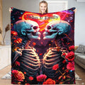 Skeleton couple romantic rose moon throw blanket held open by woman