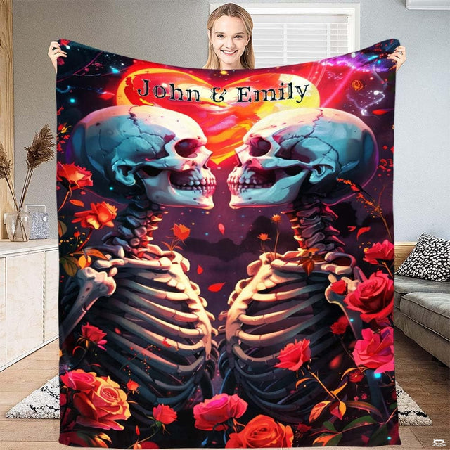 Skeleton couple romantic rose moon throw blanket held open by woman