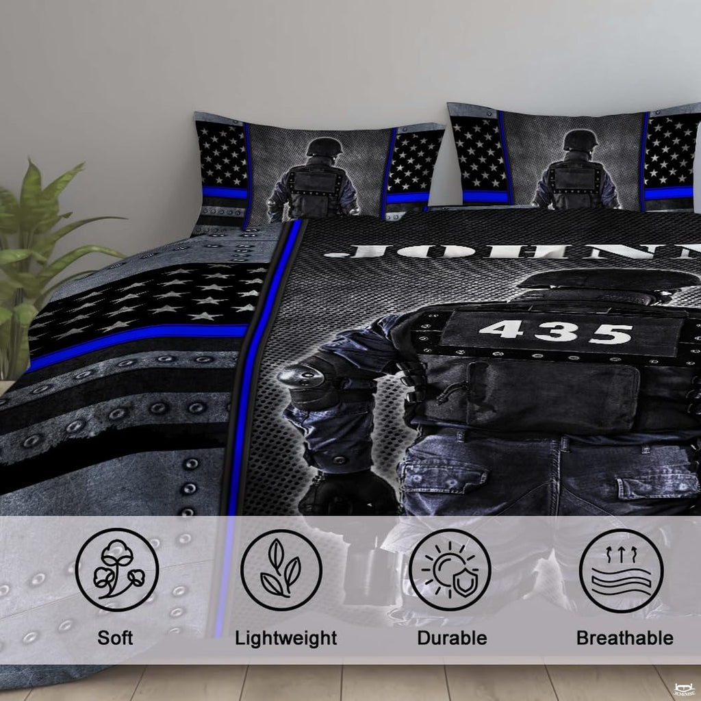 Close view of dark tactical gear, perforated dots, blue bands, white stars, and riveted gray panels