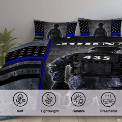 Close view of dark tactical gear, perforated dots, blue bands, white stars, and riveted gray panels