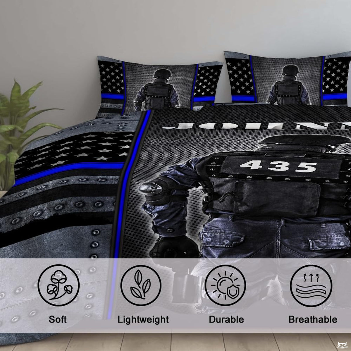 Close view of dark tactical gear, perforated dots, blue bands, white stars, and riveted gray panels