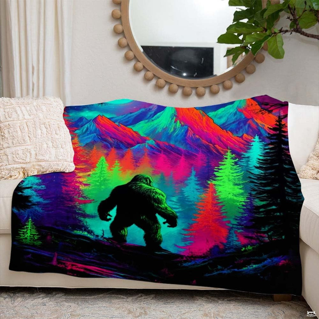 Psychedelic neon Bigfoot Sasquatch standing among glowing mountains and pines, view 6.