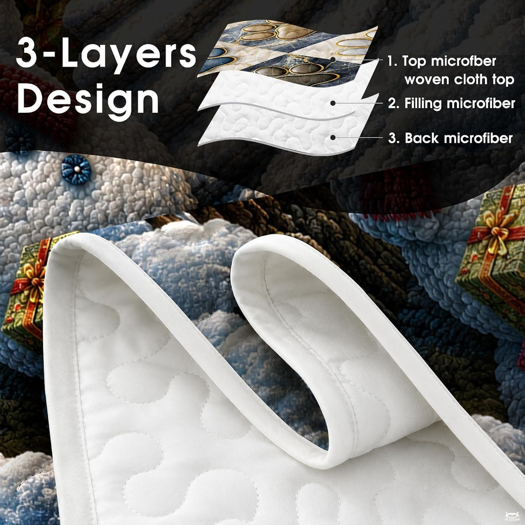 Detailed perspective of the illustrated smiling snowman wearing a knit scarf on seasonal holiday bedding.