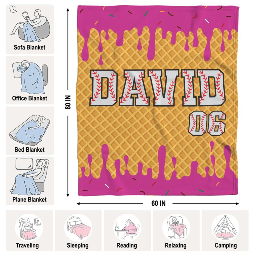 Close-up graphic of baseball seam textures bordered by vivid pink dessert glaze.