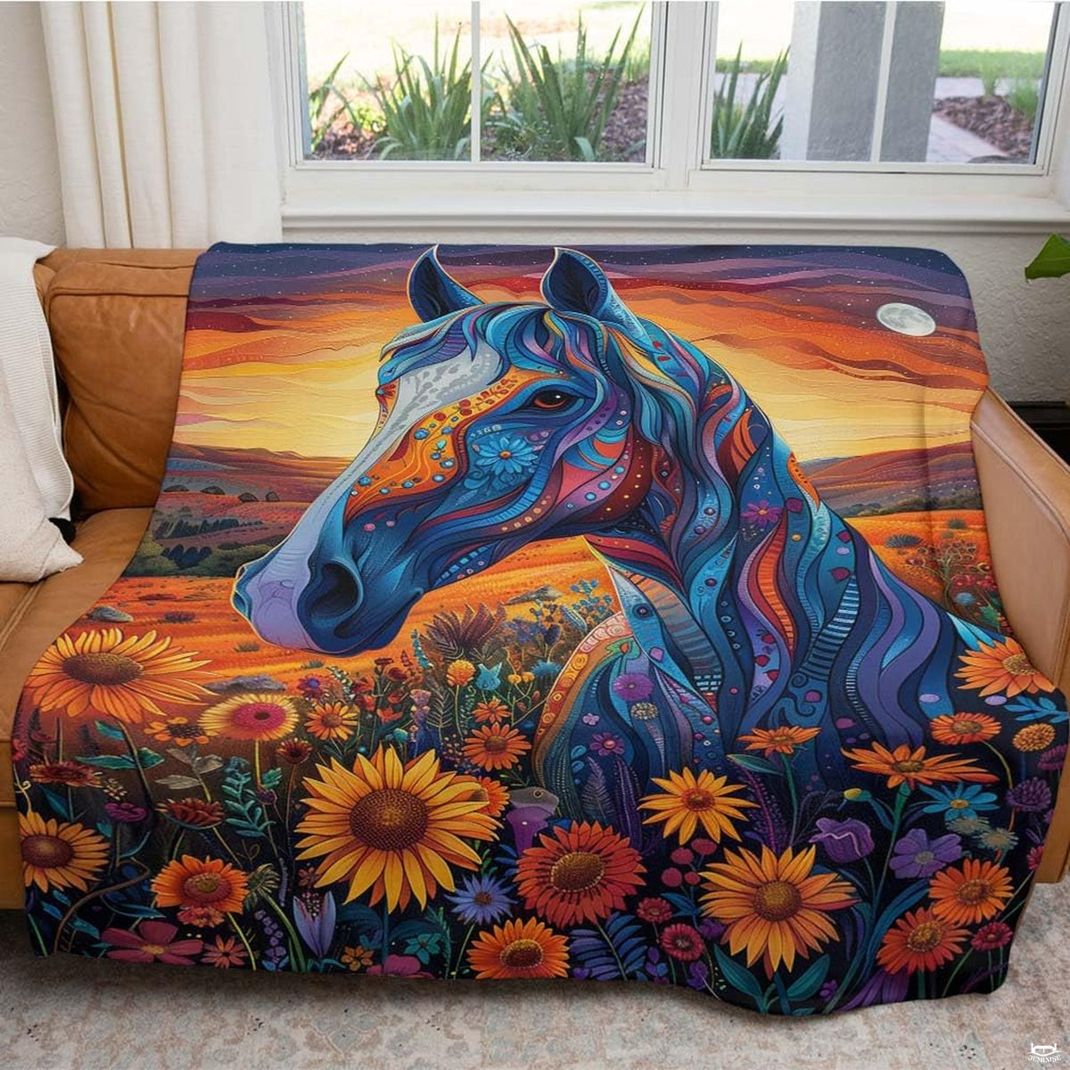 Bohemian living room setting featuring colorful blue horse sunflower blanket on gray couch
