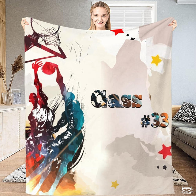 Personalized Watercolor Basketball Players Dunking Blanket