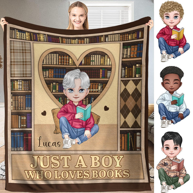 Close-up shot of heart-shaped wooden bookcase and reader character on throw blanket.
