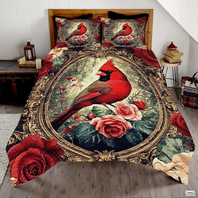 Floral Nature Cardinal Within Ornate Oval Frame Patchwork Winter Quilt