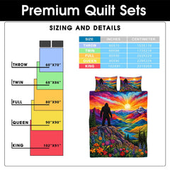 Scenic bedroom decor styling featuring a mountain sunrise and colorful wildflower bedding set