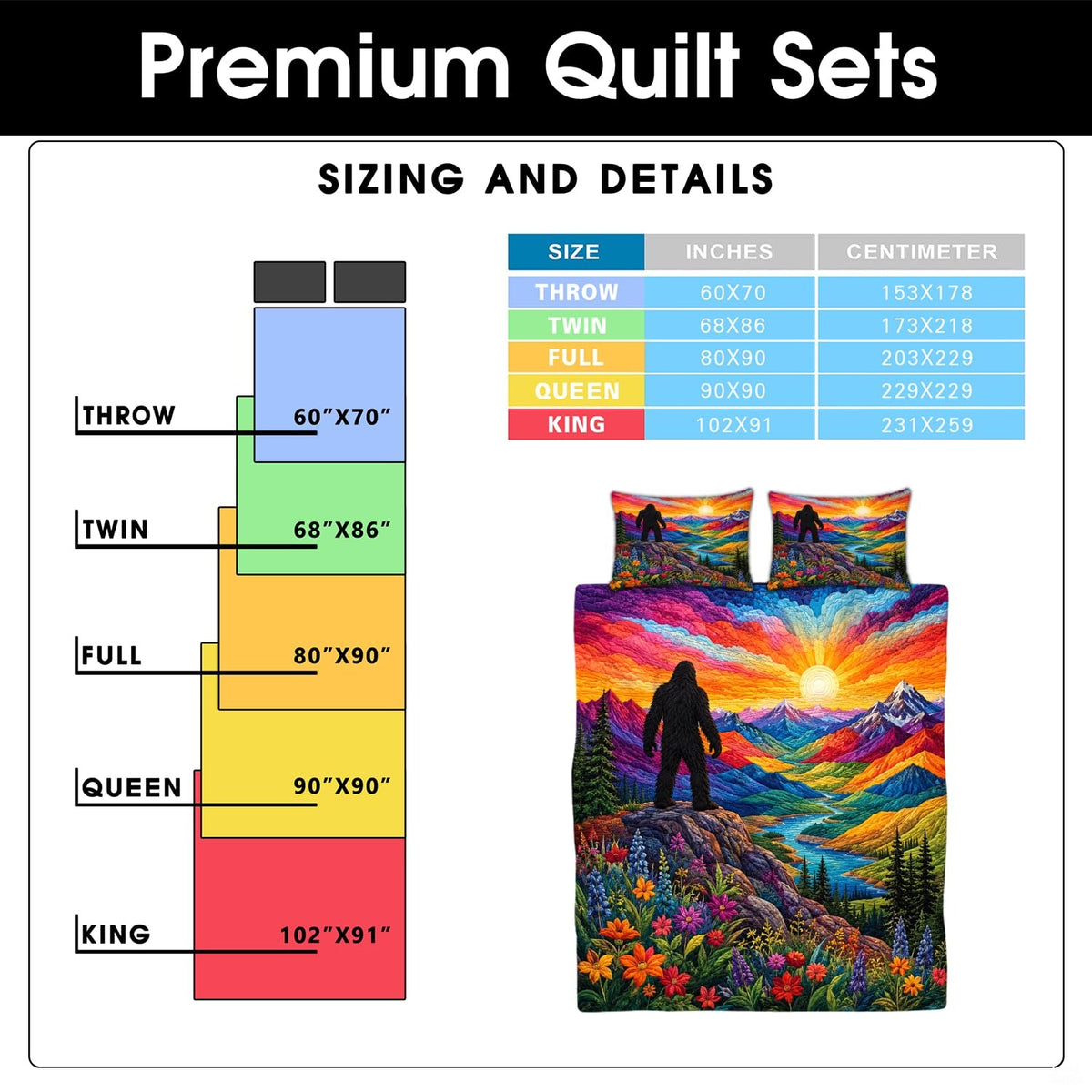 Scenic bedroom decor styling featuring a mountain sunrise and colorful wildflower bedding set