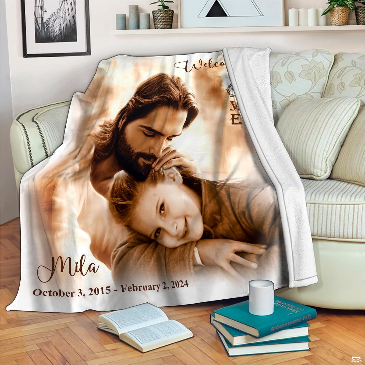 Jesus embracing child welcome home memorial blanket showing religious artwork view 2