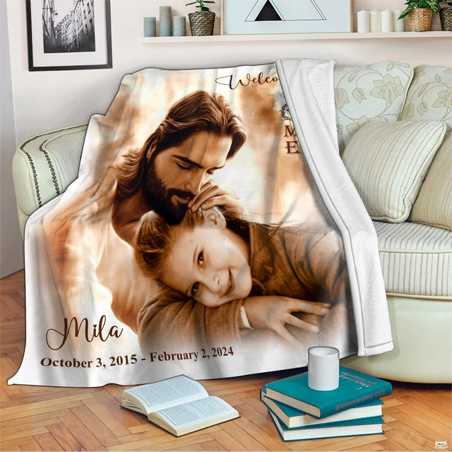 Jesus embracing child welcome home memorial blanket showing religious artwork view 2
