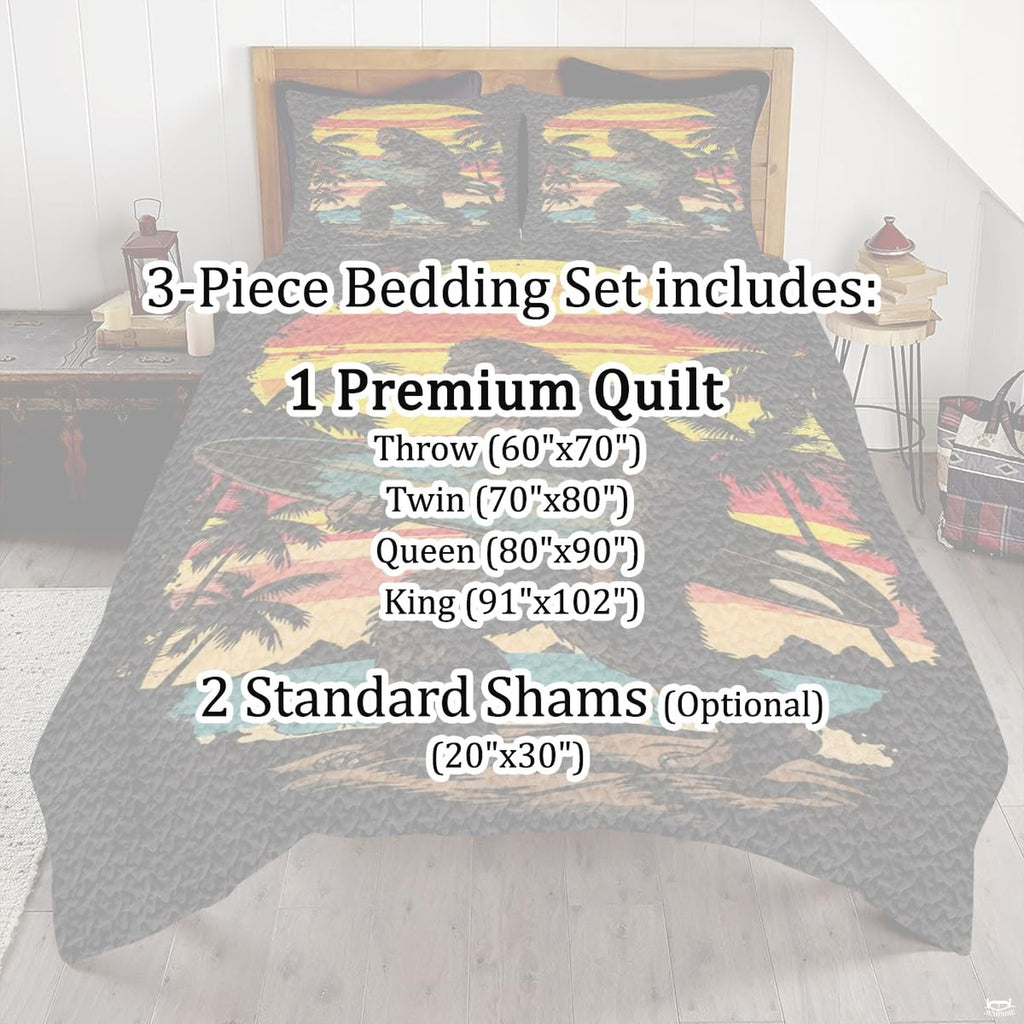 Top-down view of the playful tropical surf and legendary creature beach bedding set