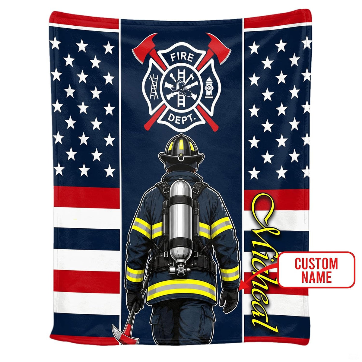 Detailed perspective of white stars and red rescue axe illustration on Blanket.