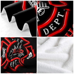Neatly folded firefighter badge throw blanket showing clean finished edges and bold rescue service graphics