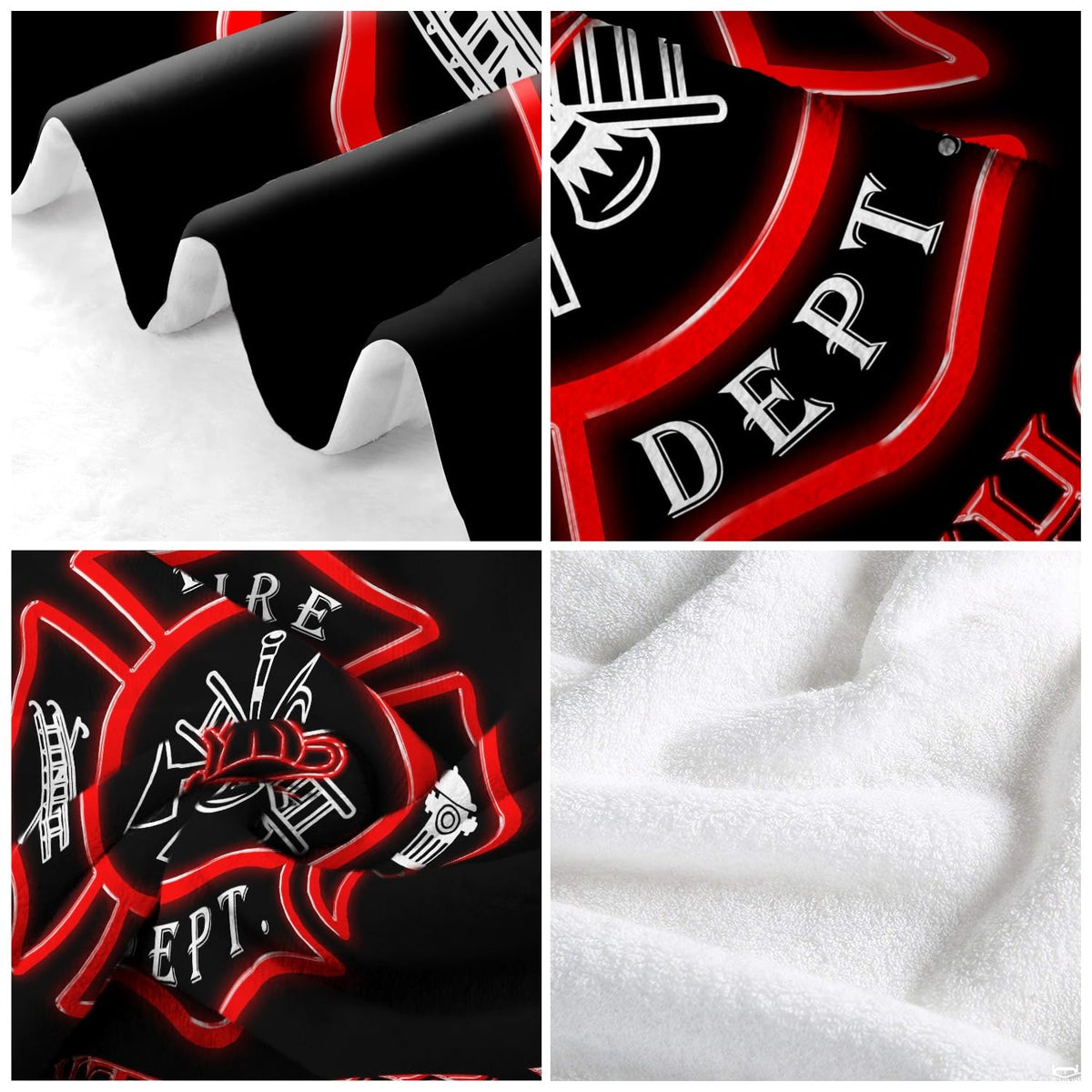 Neatly folded firefighter badge throw blanket showing clean finished edges and bold rescue service graphics