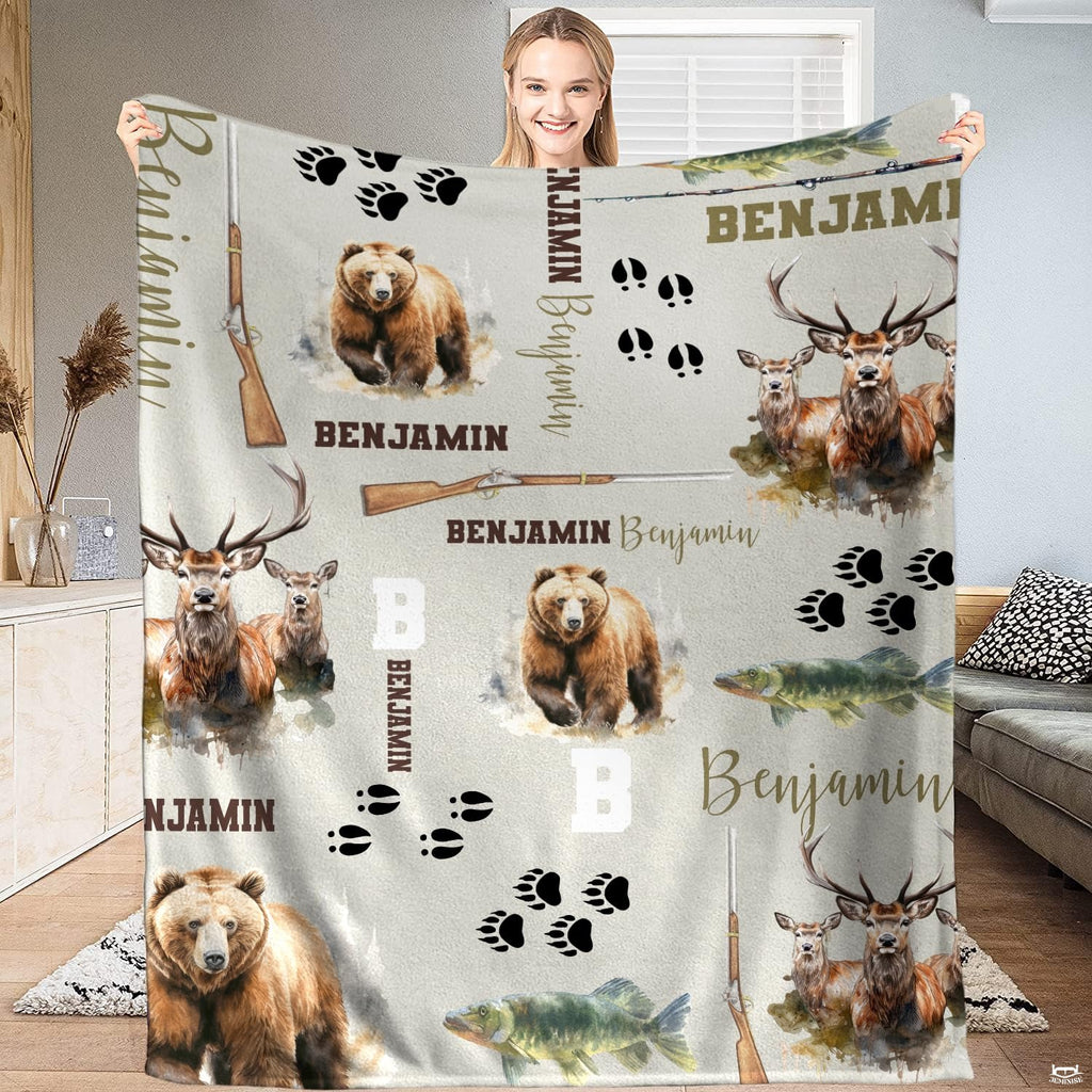 Wildlife bed spread artwork highlighting detailed watercolor grizzly portrait and forest lodge elements.