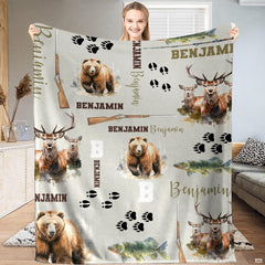 Wildlife bed spread artwork highlighting detailed watercolor grizzly portrait and forest lodge elements.