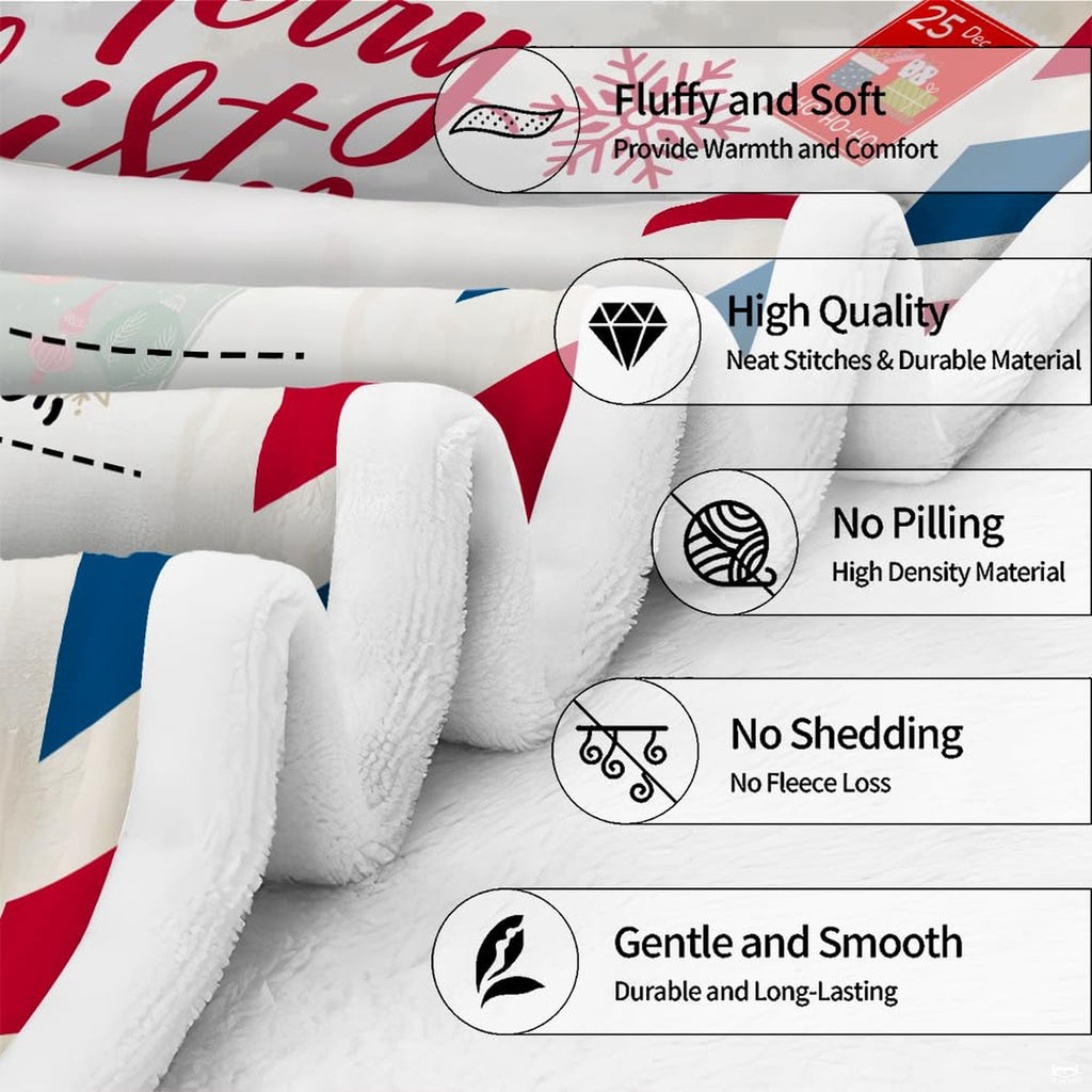 Flat overhead view showing the complete airmail postcard layout on a throw blanket
