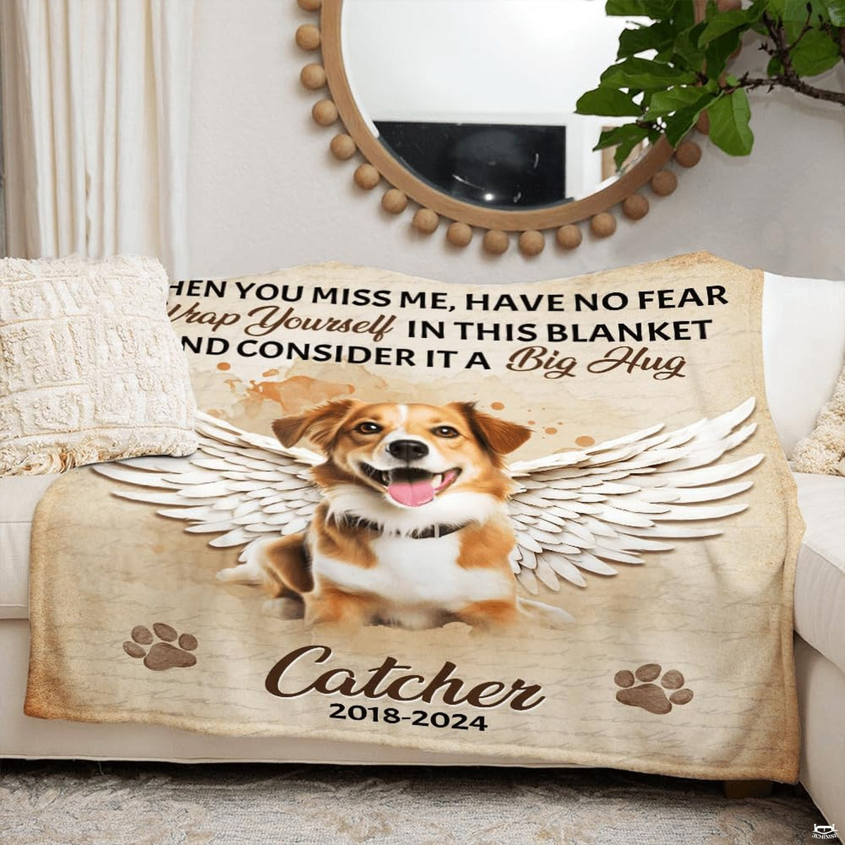 Dog memorial throw blanket spread neatly over a bedroom bed