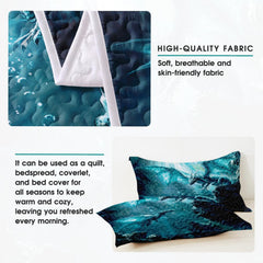 Bedroom styling with water dragon bedding set surrounded by dramatic underwater artwork in teal and navy.