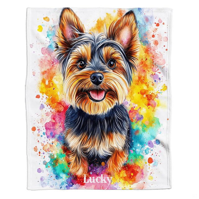Yorkie pet lover bedding set featuring watercolor dog portrait with rainbow paint splatters.