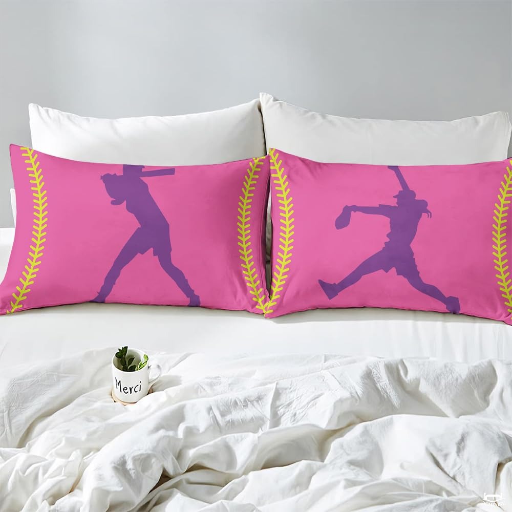 Softball Bedroom Decor Bedding Set – Vibrant Teal Yellow Sports Theme Comforter for Girls, Teens, Women Who Love Softball, Twin/Queen/King Size Options