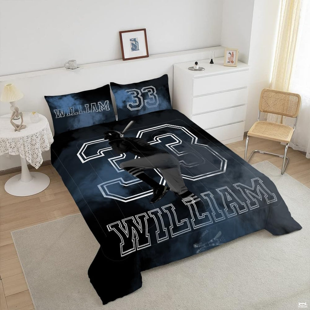 Corner fold view of baseball bedding highlighting atmospheric smoke printing against deep midnight background