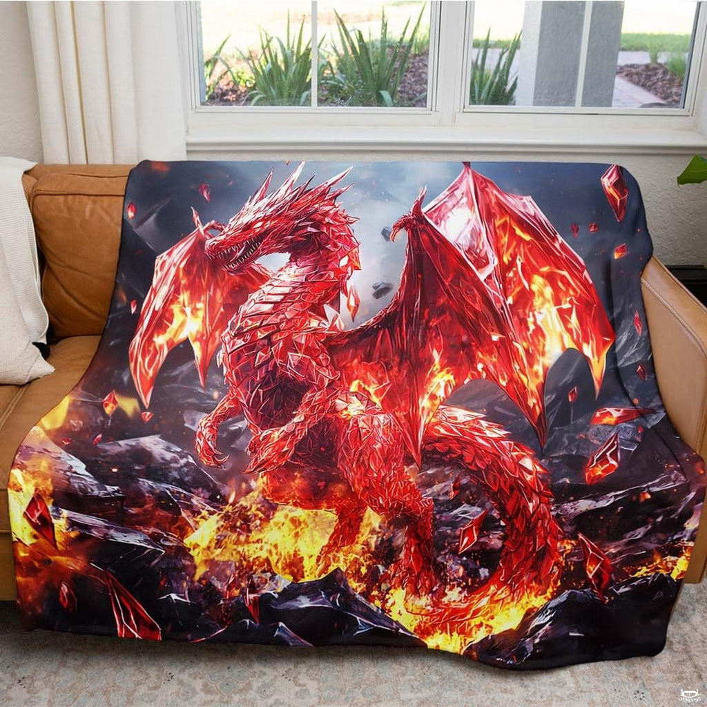 Neatly folded ruby crystal dragon throw blanket highlighting precise edge hem stitching and vibrant art print.
