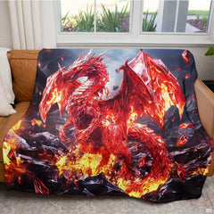 Neatly folded ruby crystal dragon throw blanket highlighting precise edge hem stitching and vibrant art print.