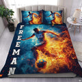 Dual fire and ice flame soccer ball athletic bedding set displayed neatly on a bed in a sports bedroom