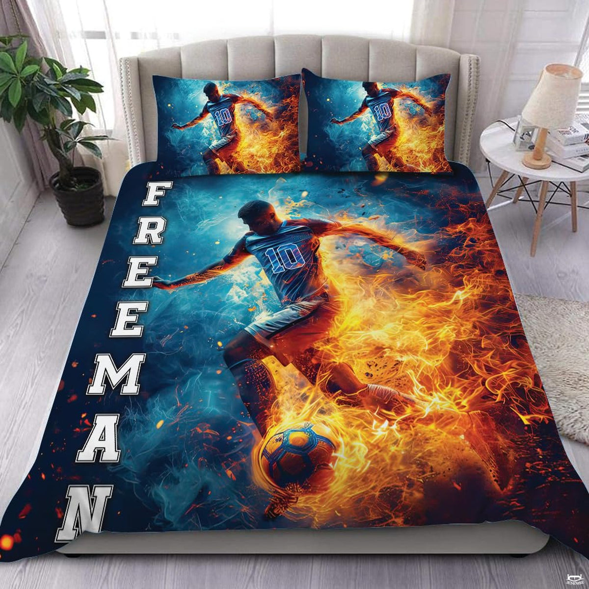 Dual fire and ice flame soccer ball athletic bedding set displayed neatly on a bed in a sports bedroom