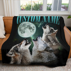 Bedroom decor featuring wolf wildlife bed covers in a rustic room setting under warm ambient lighting.