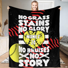 Close up macro view of motivational softball throw blanket highlighting fabric texture and distressed print