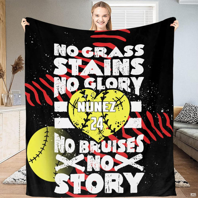 Close up macro view of motivational softball throw blanket highlighting fabric texture and distressed print