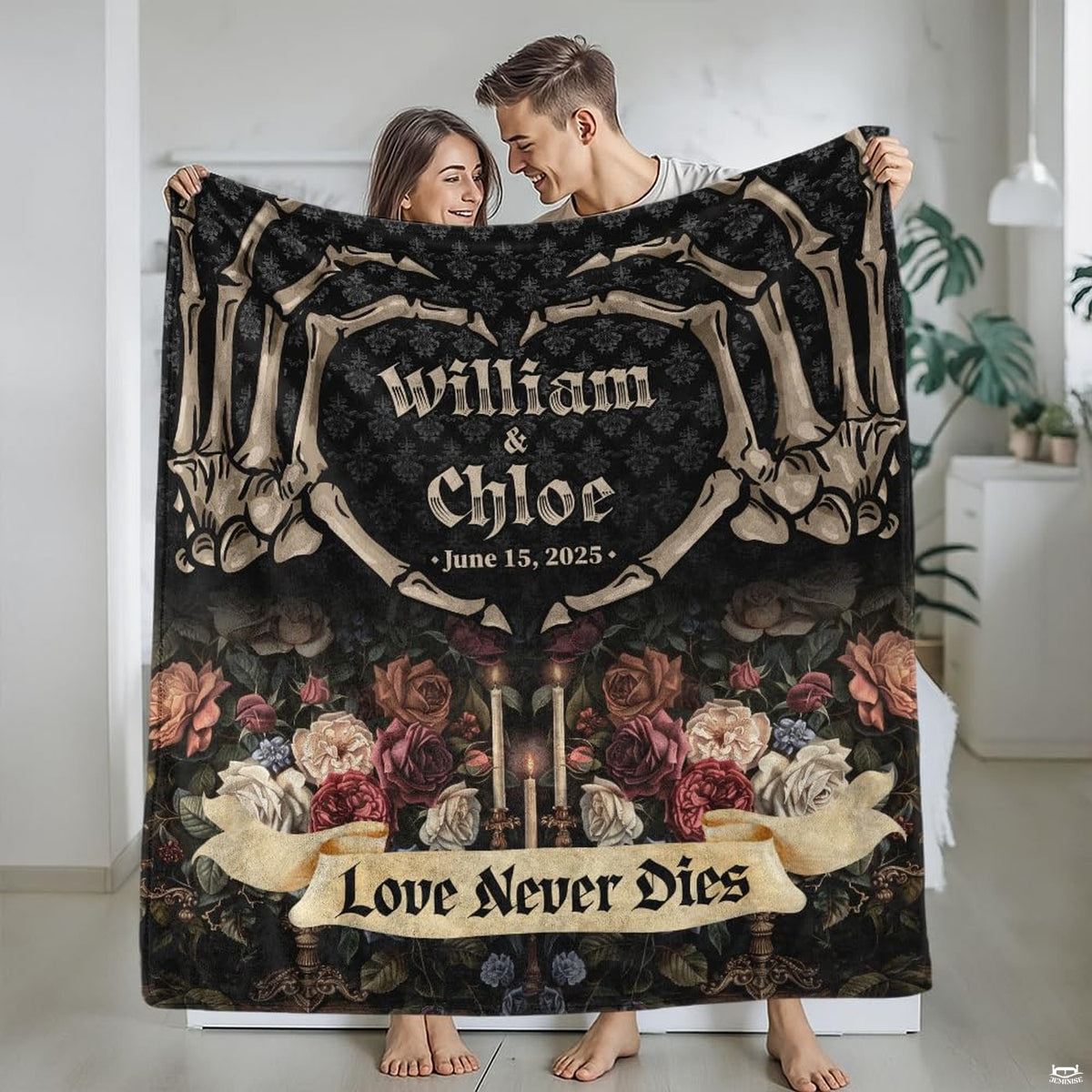 Close view of gothic floral bedding highlighting cream and red roses with candle art.