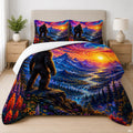 Scenic bedding set featuring a legendary forest ape overlooking a swirling cosmic sunset and alpine river