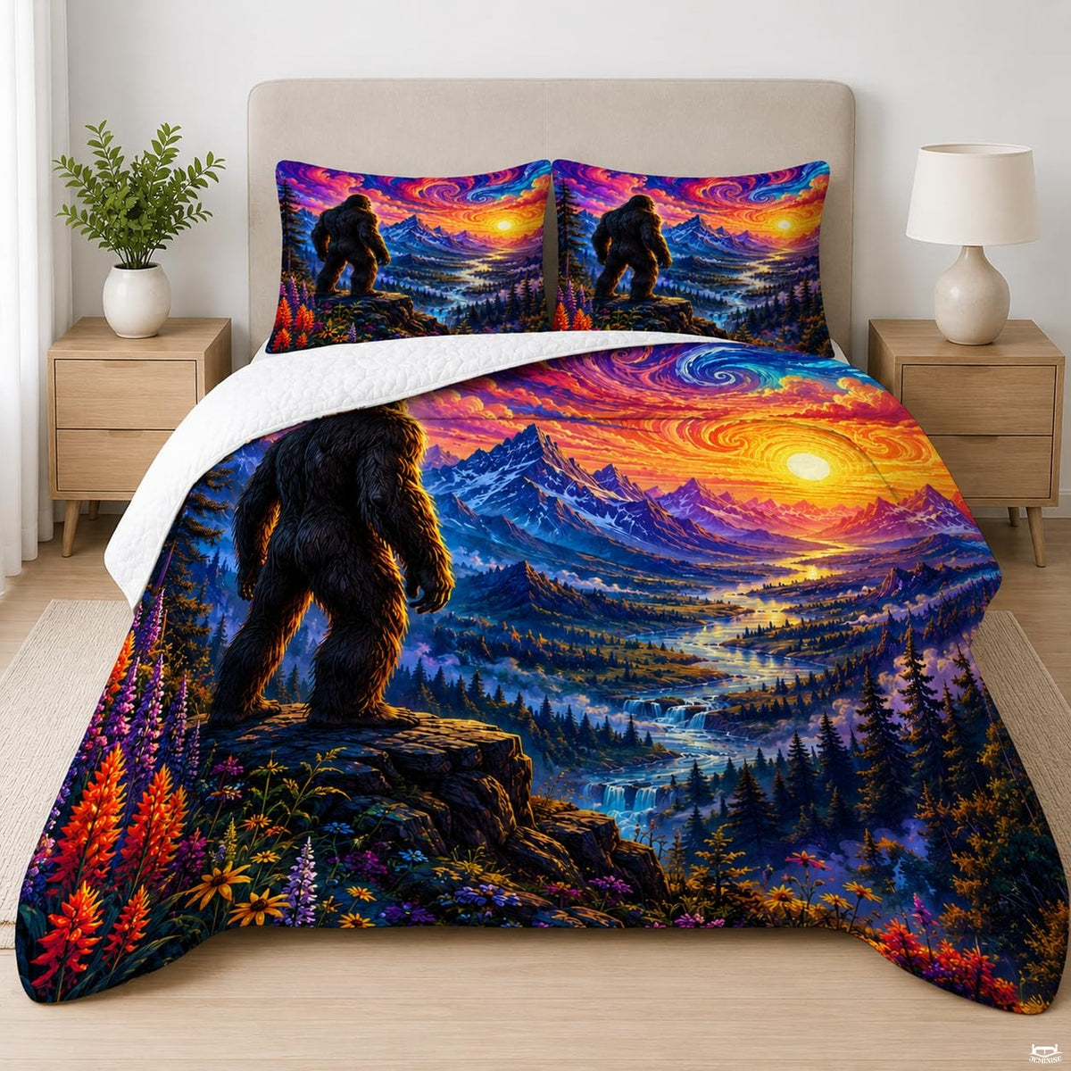 Scenic bedding set featuring a legendary forest ape overlooking a swirling cosmic sunset and alpine river