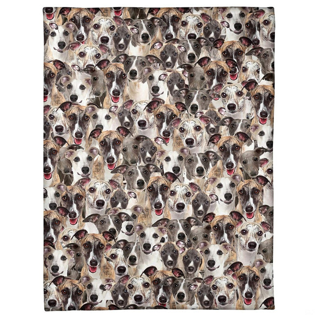 Whippet dog breed collage blanket featuring all-over photo pattern of sighthound faces.
