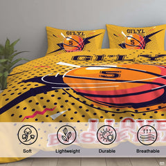 Corner angle view of athletic bedding highlighting vibrant yellow background and high-contrast comic print