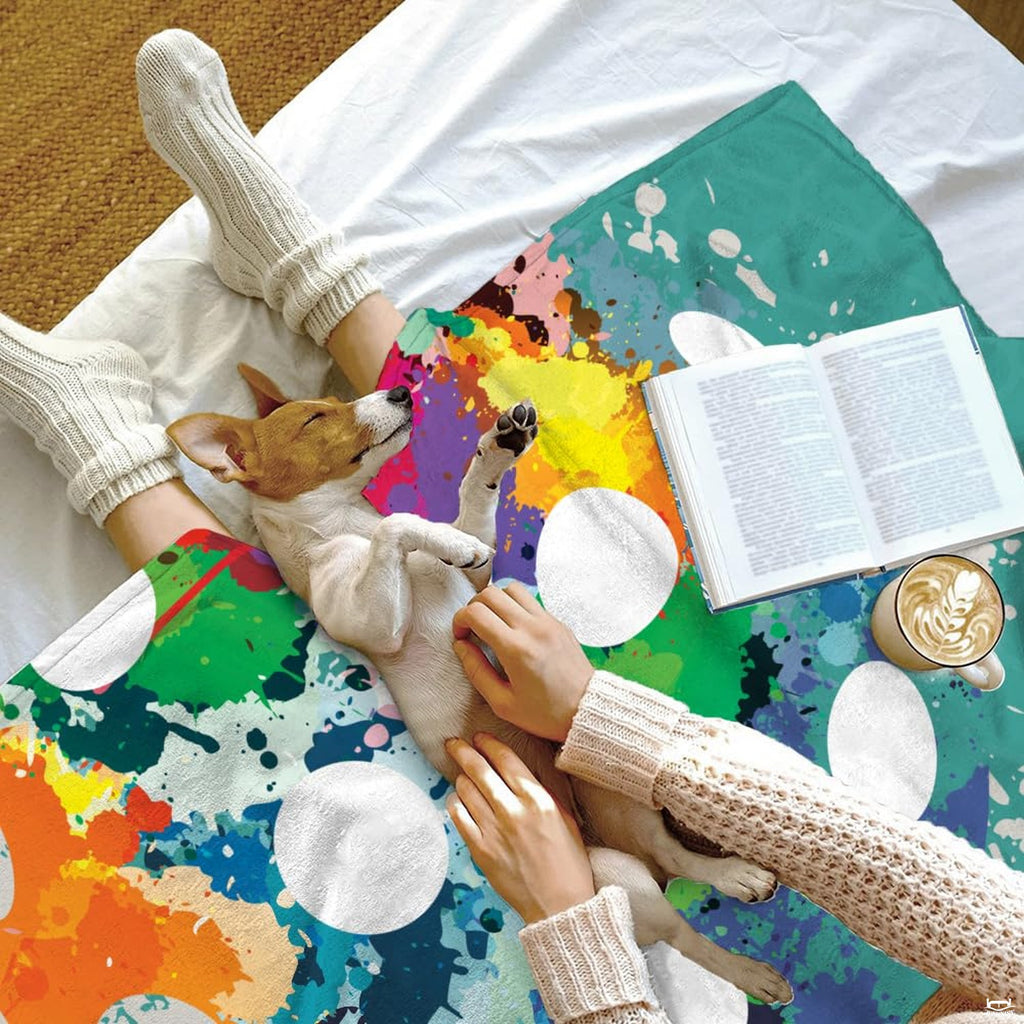 High-angle view of sports aesthetic bedding set with vibrant abstract splatter artwork.