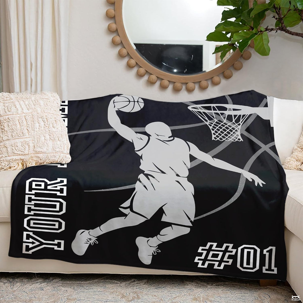 Basketball slam dunk silhouette with hoop and varsity athletic lettering, view 5.