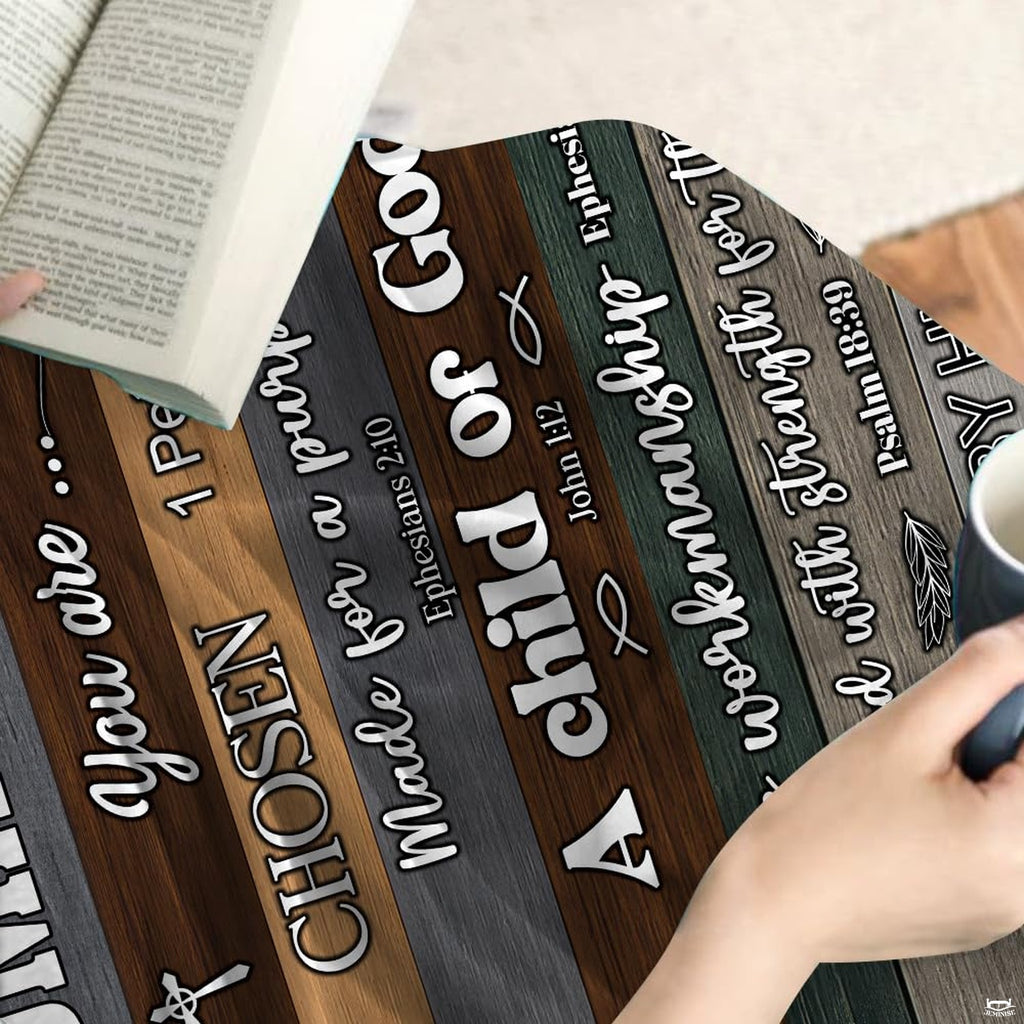 Vertical slat pattern in charcoal and teal tones showcasing stylized Christian fish symbols and scripture text.