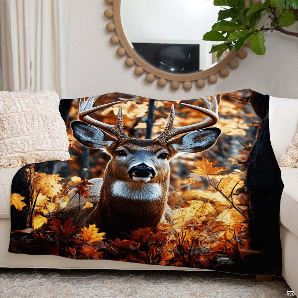 Rustic bedroom styling displaying autumn deer wildlife motifs alongside deep navy blue bedding set tones.